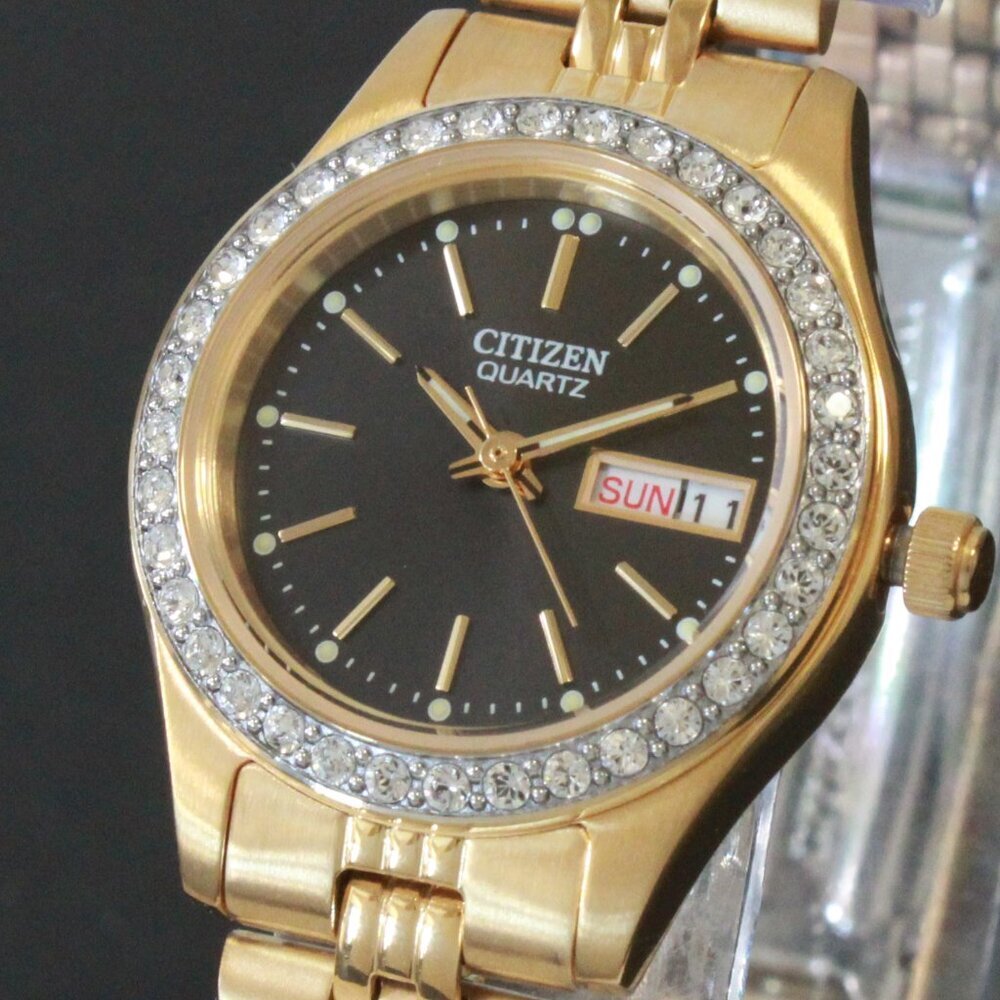 Citizen Ladies Classic Quartz Watch Crystal Bezel Gold Toone Black Dial 26mm - Picture 10 of 13